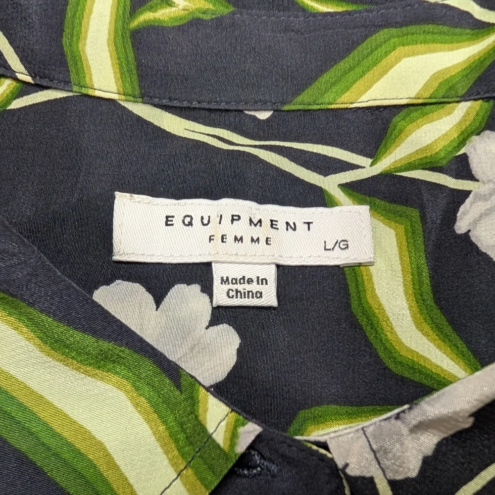 Equipment Dress Womens L Black Green Floral Brett Silk Shirtdress Botanical Chic - Picture 3 of 5